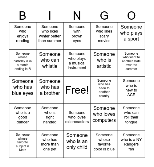 ACE Introduction Bingo Card