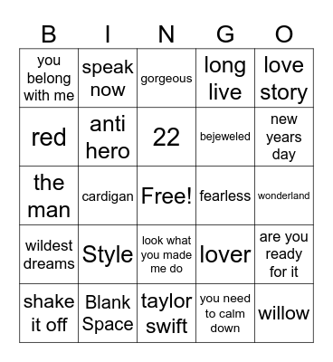 Taylor Swift BINGO Card