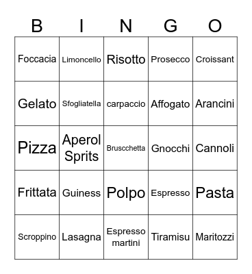 Rome eten en drinken Bingo Card