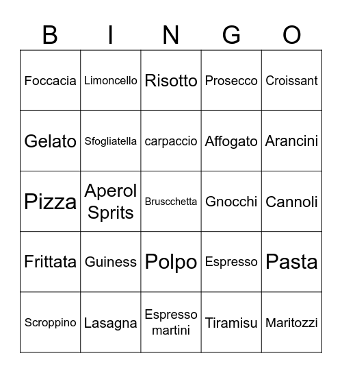 Rome eten en drinken Bingo Card