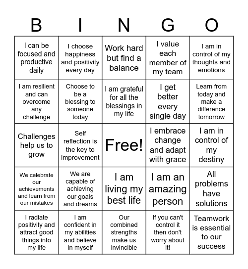 Positive Affirmations Bingo Card