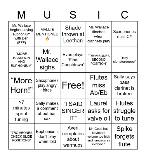 CONCERT BAND BINGO Card