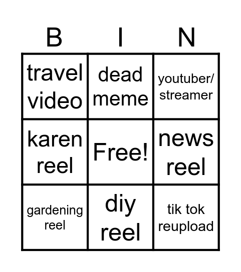 Instagram reel bingo Card