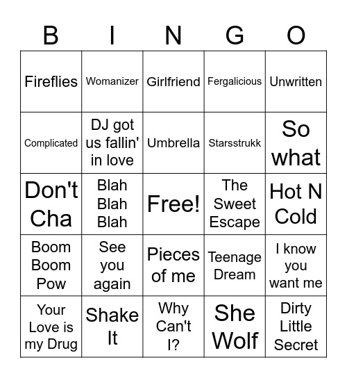 Y2K Music Bingo Card