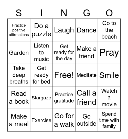 SINGO! Self-Care Edition Bingo Card