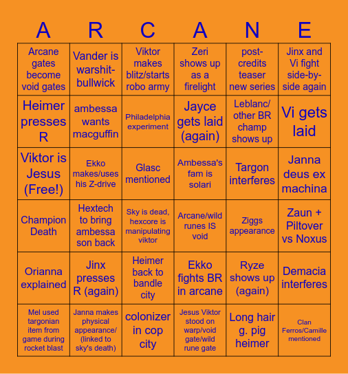 arcane s2 Bingo Card