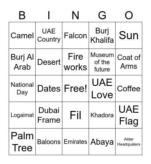 KNOWING UAE Bingo Card