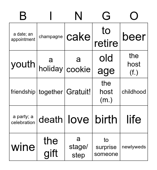 Surprise! - D'accord! 1 - Unité 6A Bingo Card