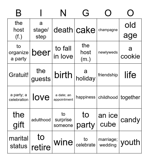 Surprise! - D'accord! 1 - Unité 6A Bingo Card