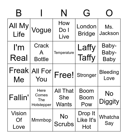99 and 00s Hits Bingo Card