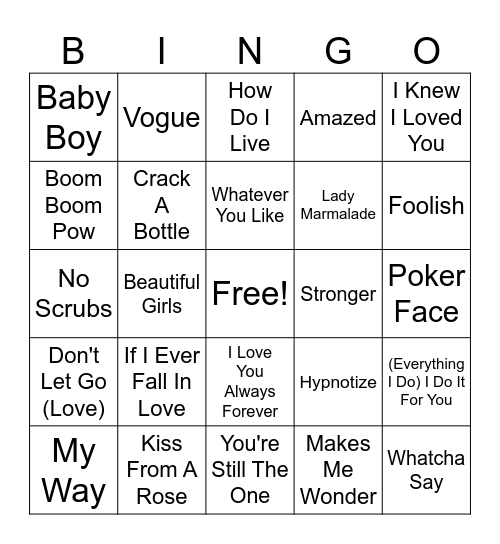 99 and 00s Hits Bingo Card