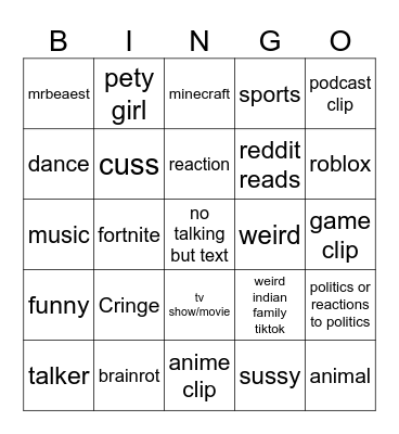 yt shorts bingo Card