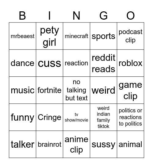 yt shorts bingo Card