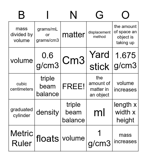 Density Bingo Card