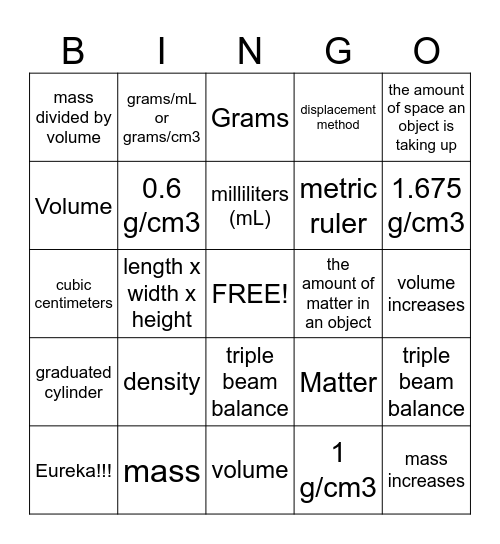 Density Bingo Card