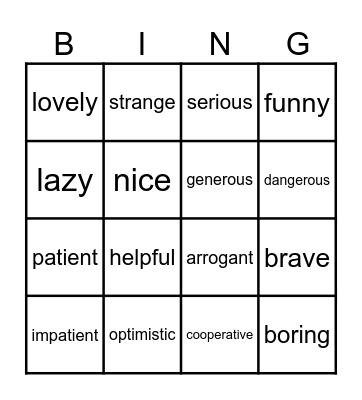 Unit 2 - friendship - describing characters Bingo Card