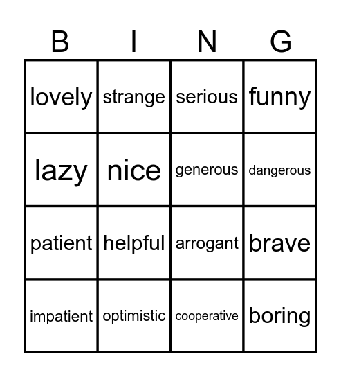 Unit 2 - friendship - describing characters Bingo Card