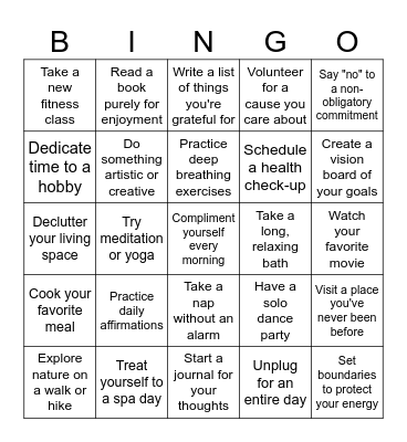 Self Care Bingo! Bingo Card