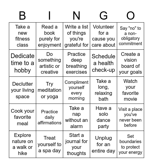 Self Care Bingo! Bingo Card