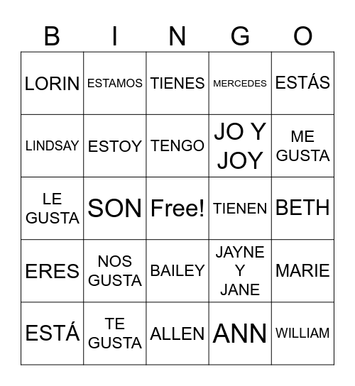 SER  ESTAR  TENER  GUSTAR Bingo Card