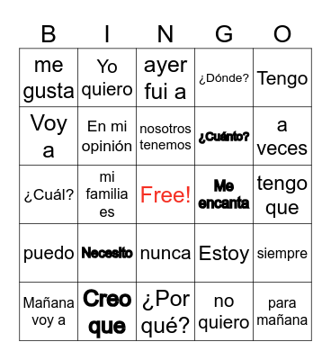 Vocabulary Practice Bingo Card