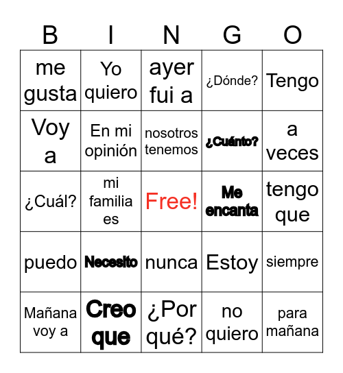 Vocabulary Practice Bingo Card