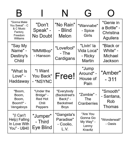 90s Music Bingo Round #1 Bingo Card