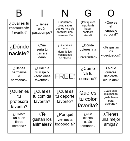 Conversation Bingo Card