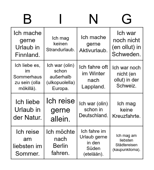 Reisebingo Card