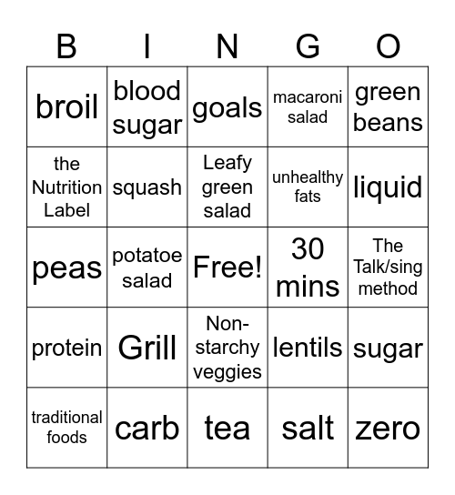 Diabetes Bingo Card