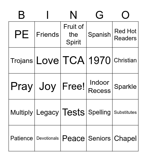 Granparents Day Bingo Card