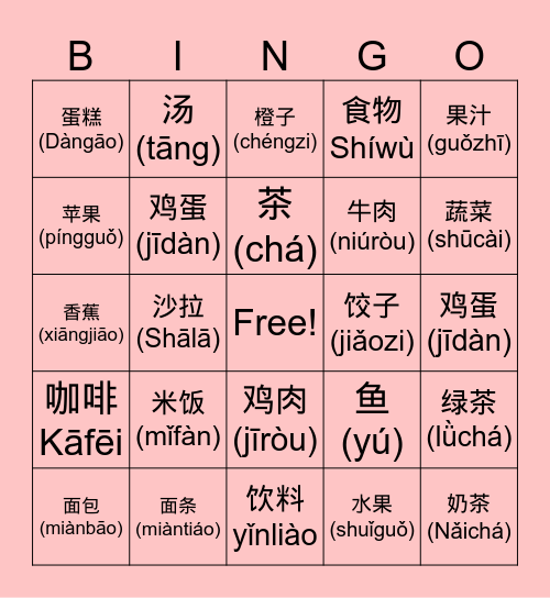 食物饮料宾果 Shíwù yǐnliào bīn guǒ Bingo Card