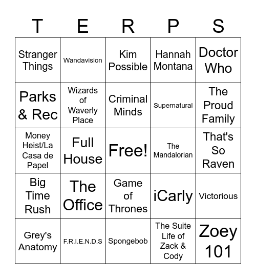 TV Shows Bingo Card