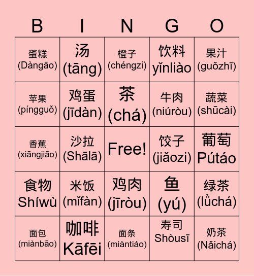 食物饮料宾果 Shíwù yǐnliào bīn guǒ Bingo Card