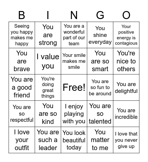 Compliment Bingo Card