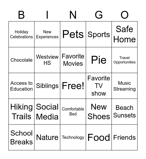 Gratitude BINGO Card