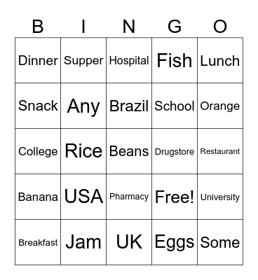Vocabulary Bingo Card