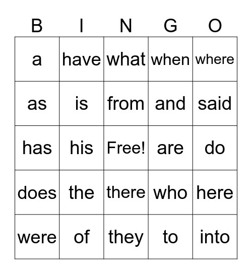 Trick Word BINGO Card