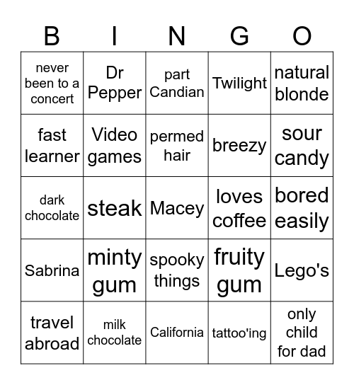 Macey BINGO! Bingo Card