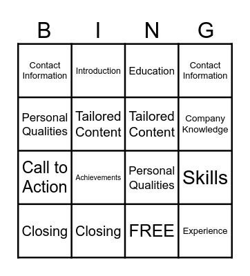 Cover Letter Bingo Card