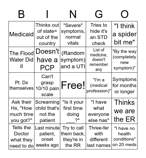Patient Bingo Card