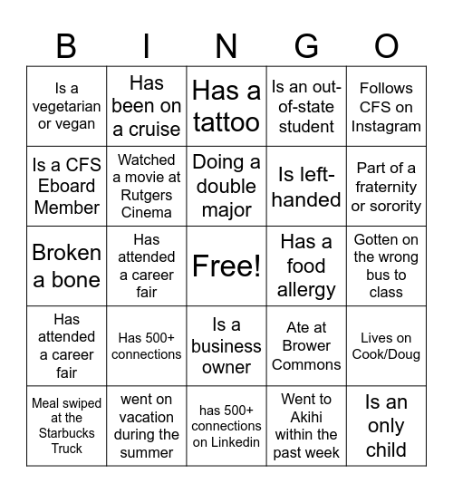 CFS Internal Event Bingo Card