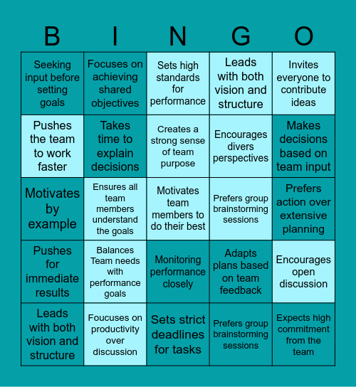 Pacesetting and Democratic Leadershipsstyle Bingo Card