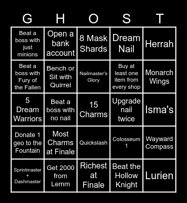 Hollow Knight Bingo Card