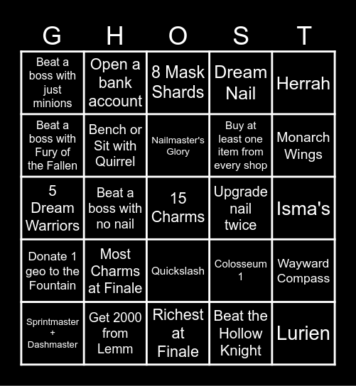 Hollow Knight Bingo Card