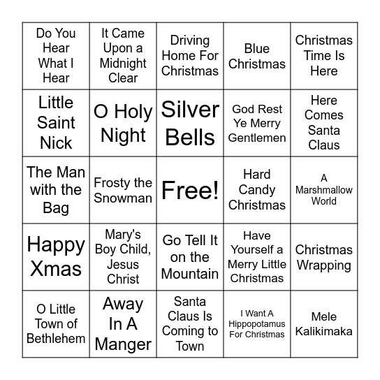 Christmas Songs Bingo Card