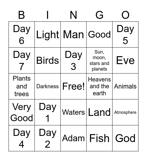 Days of Creation BINGO Card