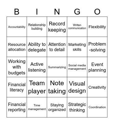 Community Association Skills Bingo Card