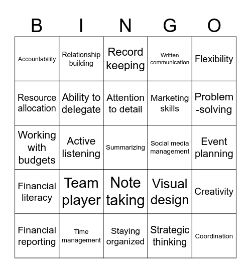 Community Association Skills Bingo Card