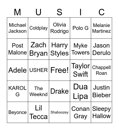 Music Bingo Card